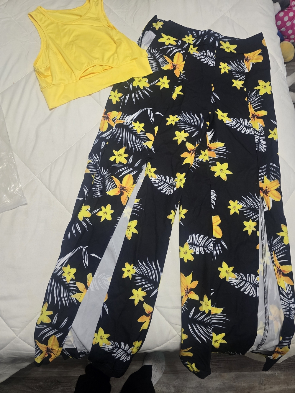Yellow Floral Split-Leg  Pants with Yellow Crop Top